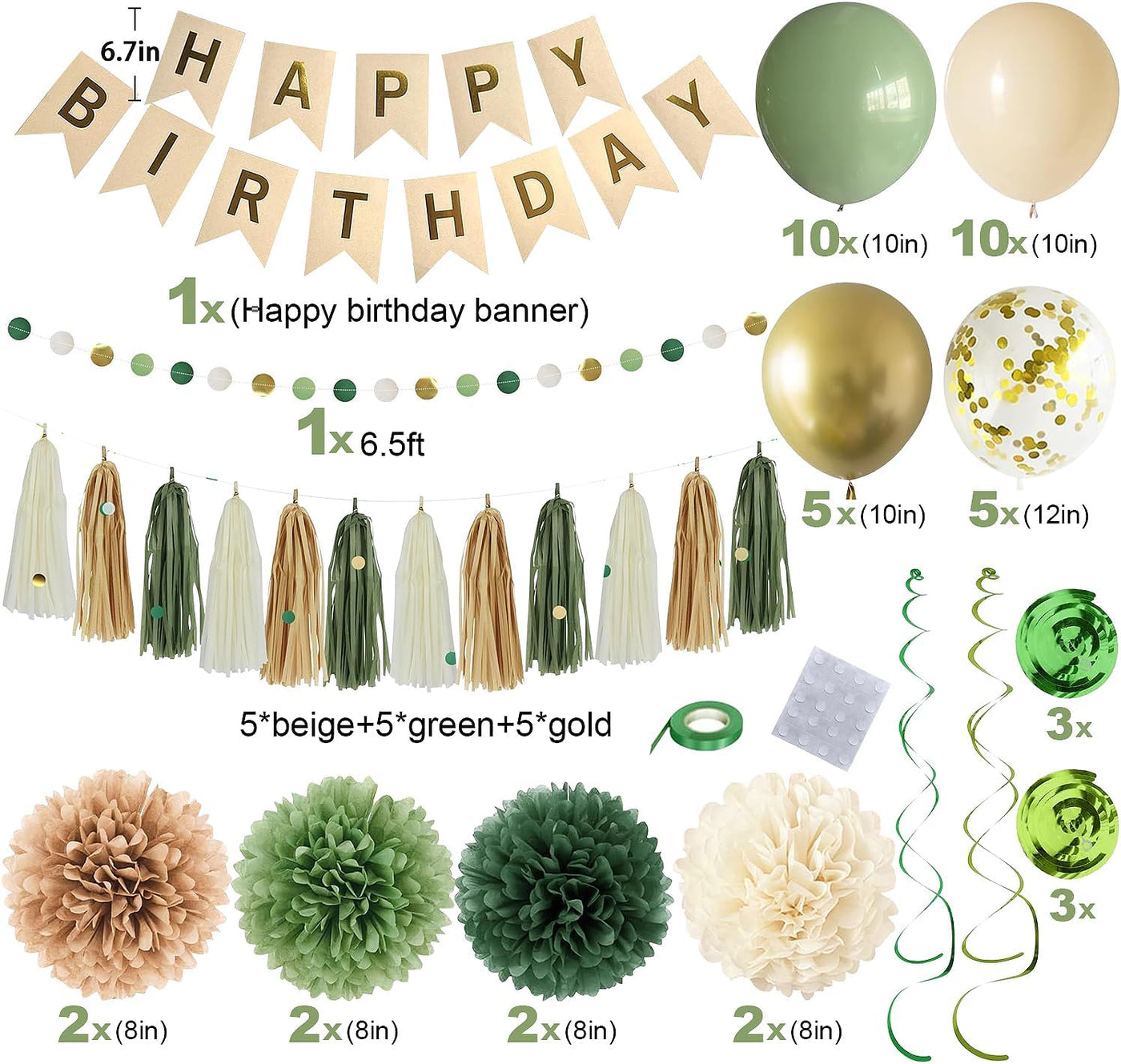 Green Birthday Party Decorations for Women Girls with Happy Birthday Banner,Tissue Paper Pompoms, Paper Tassel,Circle Garland,Hanging Swirl,Decorations Balloons for Party Decor (sage green)