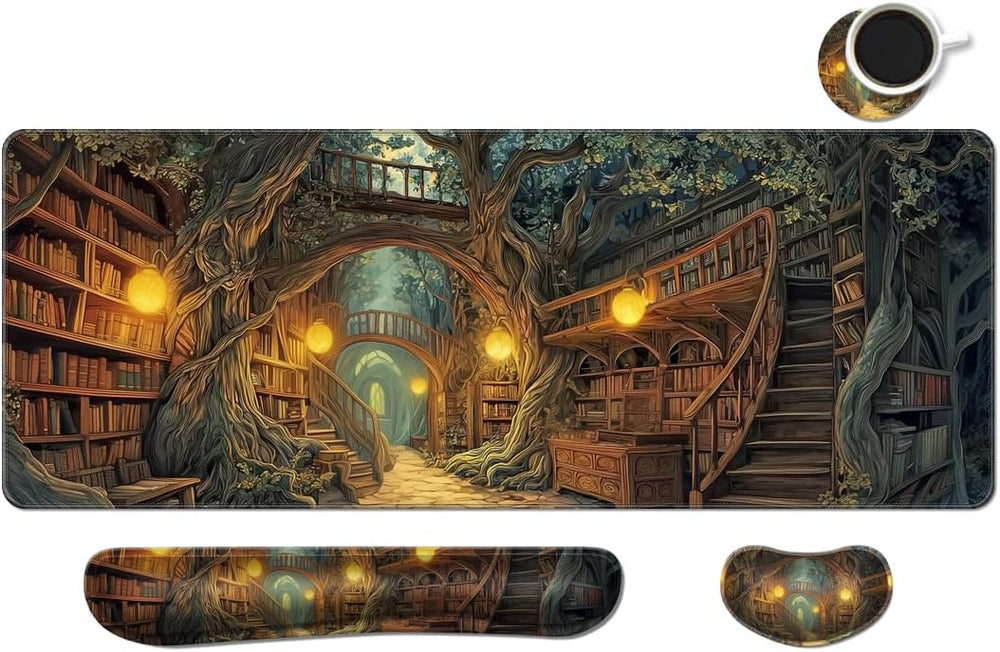 Desk Mat, Large Gaming Mouse Pad with Wrist Rest, 4 in1 XXL Mouse pad+Keyboard Wrist Rest+Mouse Pad Wrist Support+Cup Coaster Set, Ergonomic Desk Pad for Home Office, Trees Library