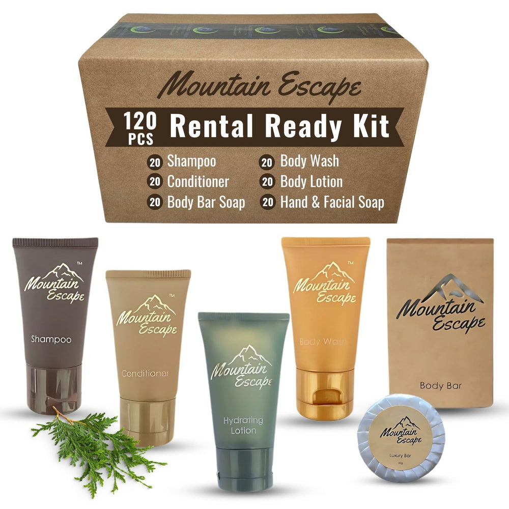 20 Display Ready Boxed Amenity Kits with Premium Hotel Toiletry Essentials - 1 oz Shampoo, Conditioner, Body Wash, Body Lotion, 1.2 oz Guest Soap & 2 Makeup Remover Wipes - Air bnb & Vacation Rentals