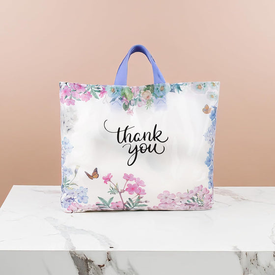 Purple Q Crafts Thank You Bags With Soft Loop Handle for Business Retail, Boutique Bulk 50 Pack 15" W x 12" H Floral Plastic Shopping Bags/Gift Bags Perfect For Mothers Day - hover image