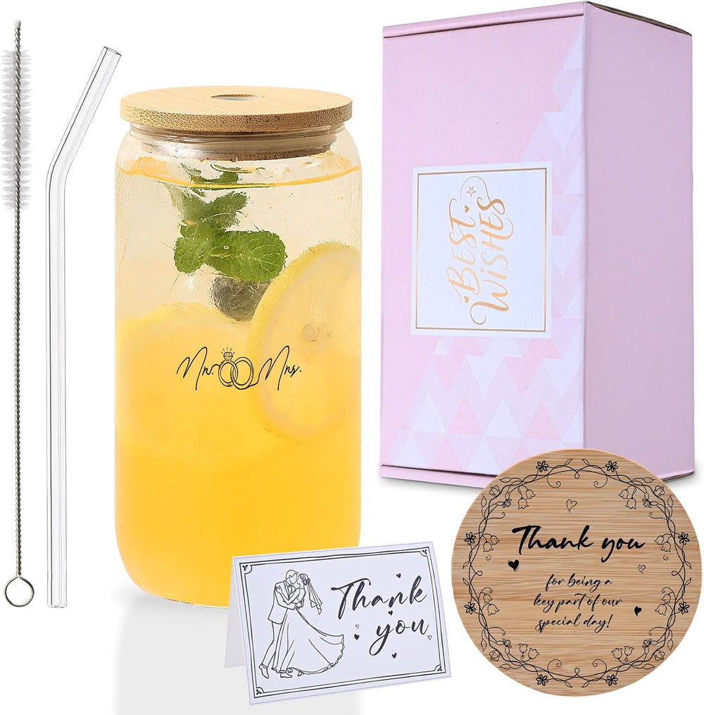 Mr. & Mrs. Glass Tumbler Set, 16oz Glass Cups with Bamboo Lids, Straws & Coasters, Bridal Shower & Wedding Thank You Gift for Couples