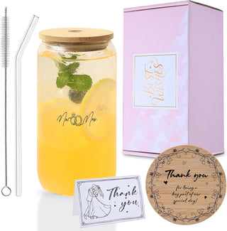 Mr. & Mrs. Glass Tumbler Set, 16oz Glass Cups with Bamboo Lids, Straws & Coasters, Bridal Shower & Wedding Thank You Gift for Couples