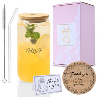 Mr. & Mrs. Glass Tumbler Set, 16oz Glass Cups with Bamboo Lids, Straws & Coasters, Bridal Shower & Wedding Thank You Gift for Couples