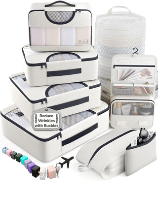 Veken 10 Set/8 Set Packing Cubes for Travel Essentials,Anti-Wrinkle Buckled Suitcase Organizer for Shoe & Toiletry Bag,Carry On Luggage Bag for Airplane & College Dorm Room Accessories,Women Men Gifts
