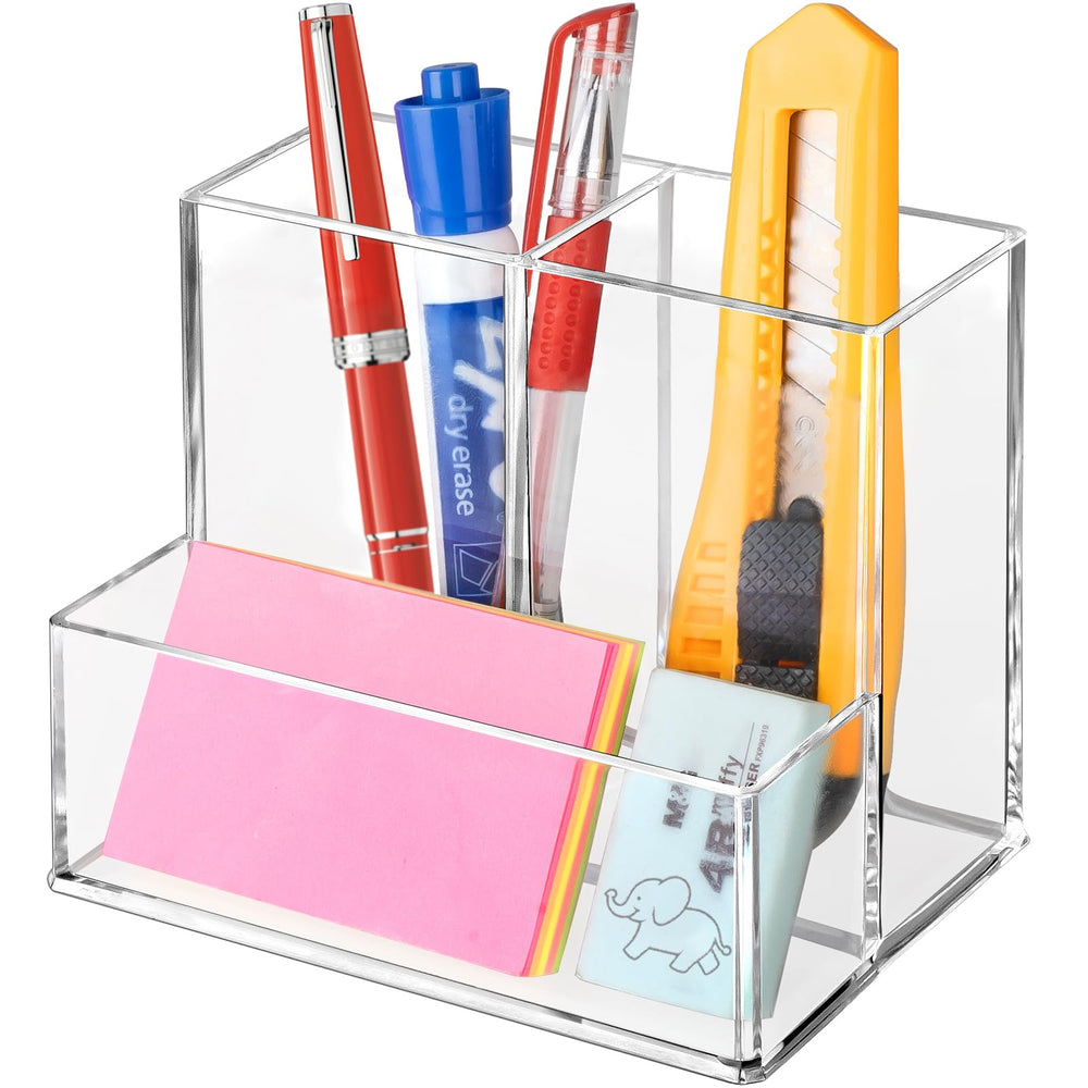 Pen Holder for Desk, Clear Acrylic Pencil Holder for Desk, Marker Holder with 3 Compartments, Pencil Organizer for Home, Office, Classroom, Bathroom | for Desk