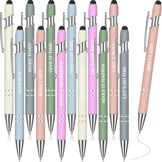 Zonon 12 Pcs Inspirational Pens Gift Set Funny Ballpoint Pen with Stylus Tip Motivational Graduation Gifts Bulk for Teacher Coworkers Nurse School Office Supplies(Morandi,Boss Lady)