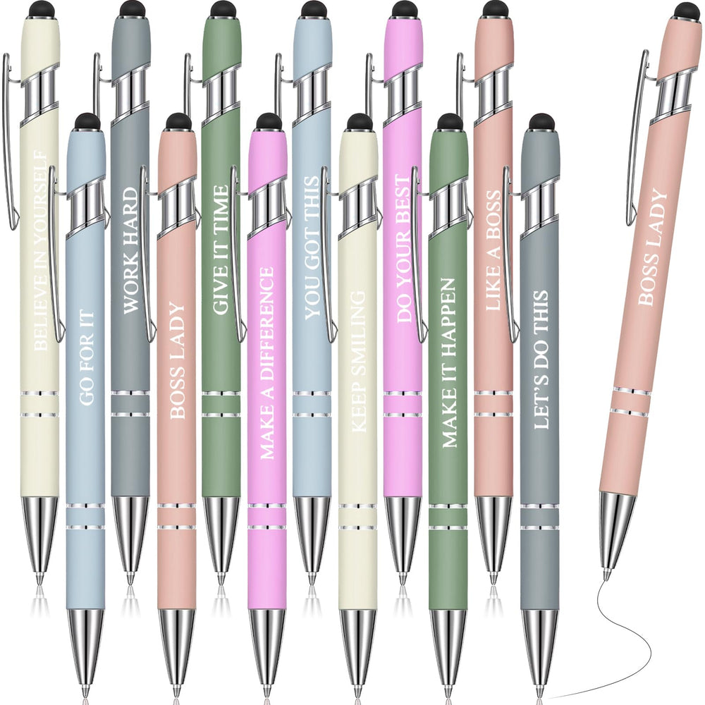 Zonon 12 Pcs Inspirational Pens Gift Set Funny Ballpoint Pen with Stylus Tip Motivational Graduation Gifts Bulk for Teacher Coworkers Nurse School Office Supplies(Morandi,Boss Lady)