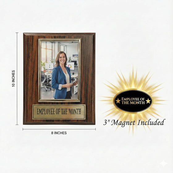 Employee of The Month Award Plaque and Bonus Magnet! 8x10 Picture Plaque Holds a 4x6 Photo. Employee Appreciation Award. Walnut Finish - hover image