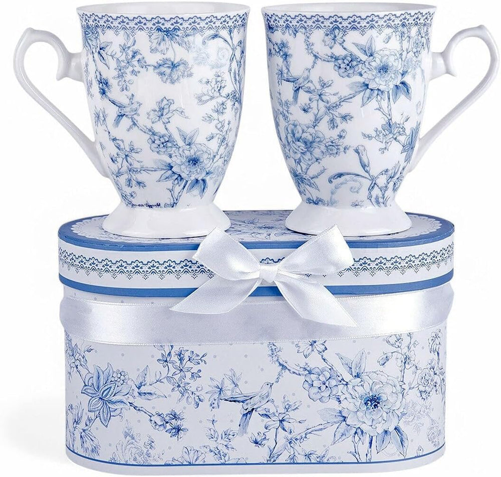 STP GOODS Blue Flowers Bone China Tea/Coffee Mug Set of 2 in Gift Box