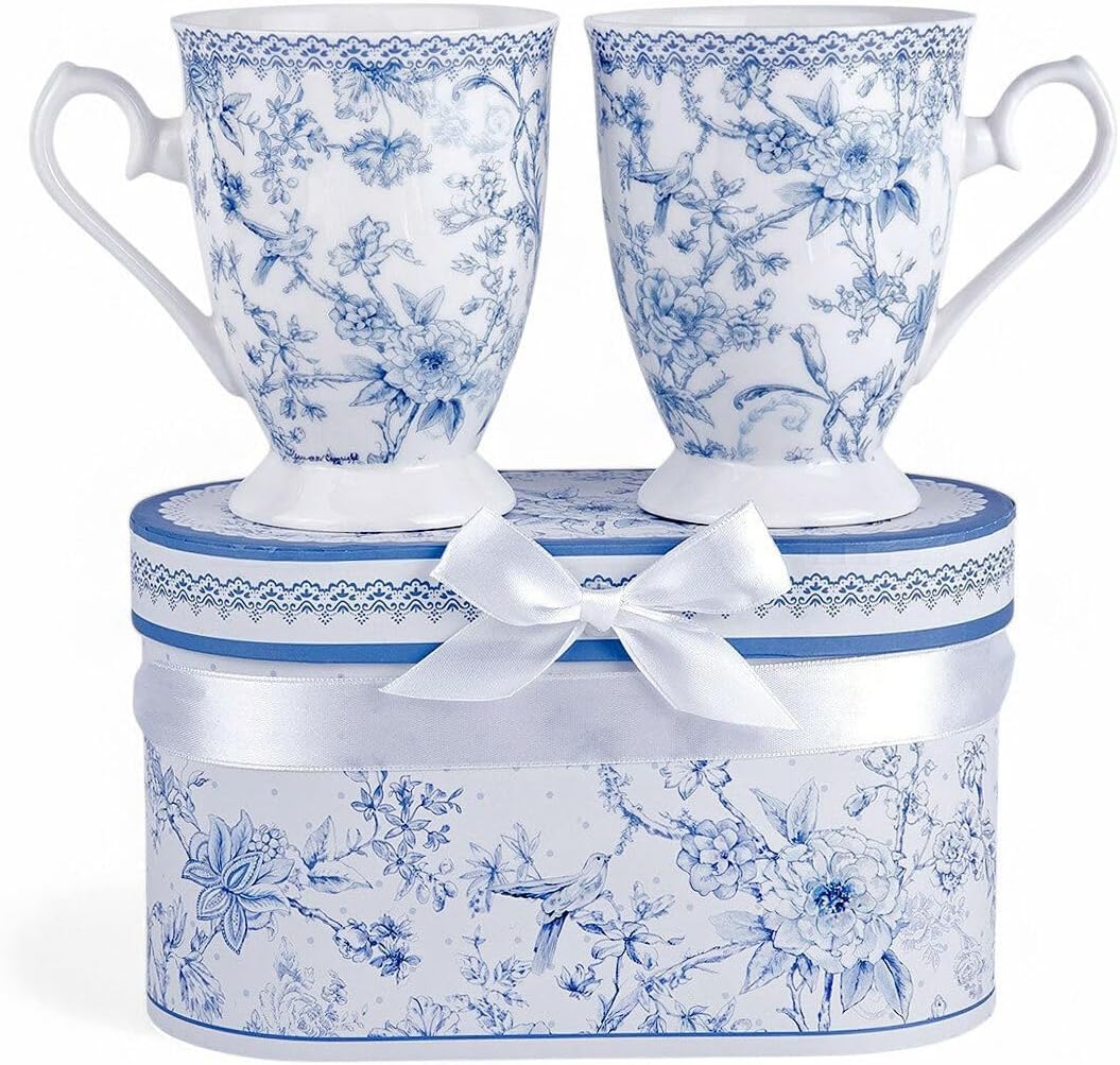 STP GOODS Blue Flowers Bone China Tea/Coffee Mug Set of 2 in Gift Box