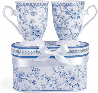STP GOODS Blue Flowers Bone China Tea/Coffee Mug Set of 2 in Gift Box