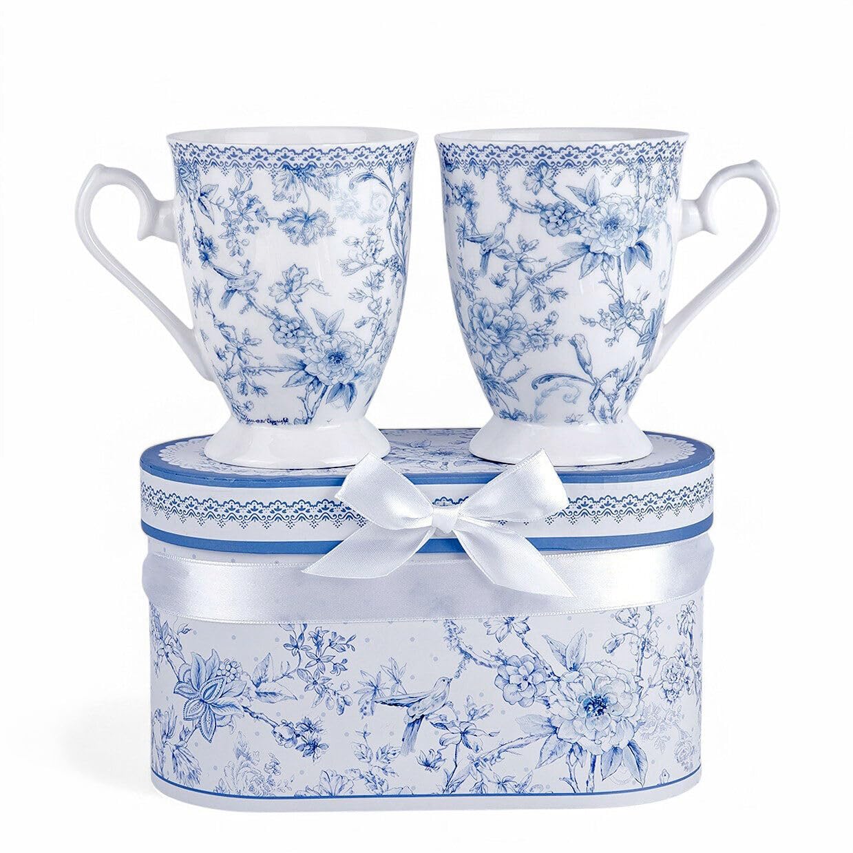 STP GOODS Blue Flowers Bone China Tea/Coffee Mug Set of 2 in Gift Box