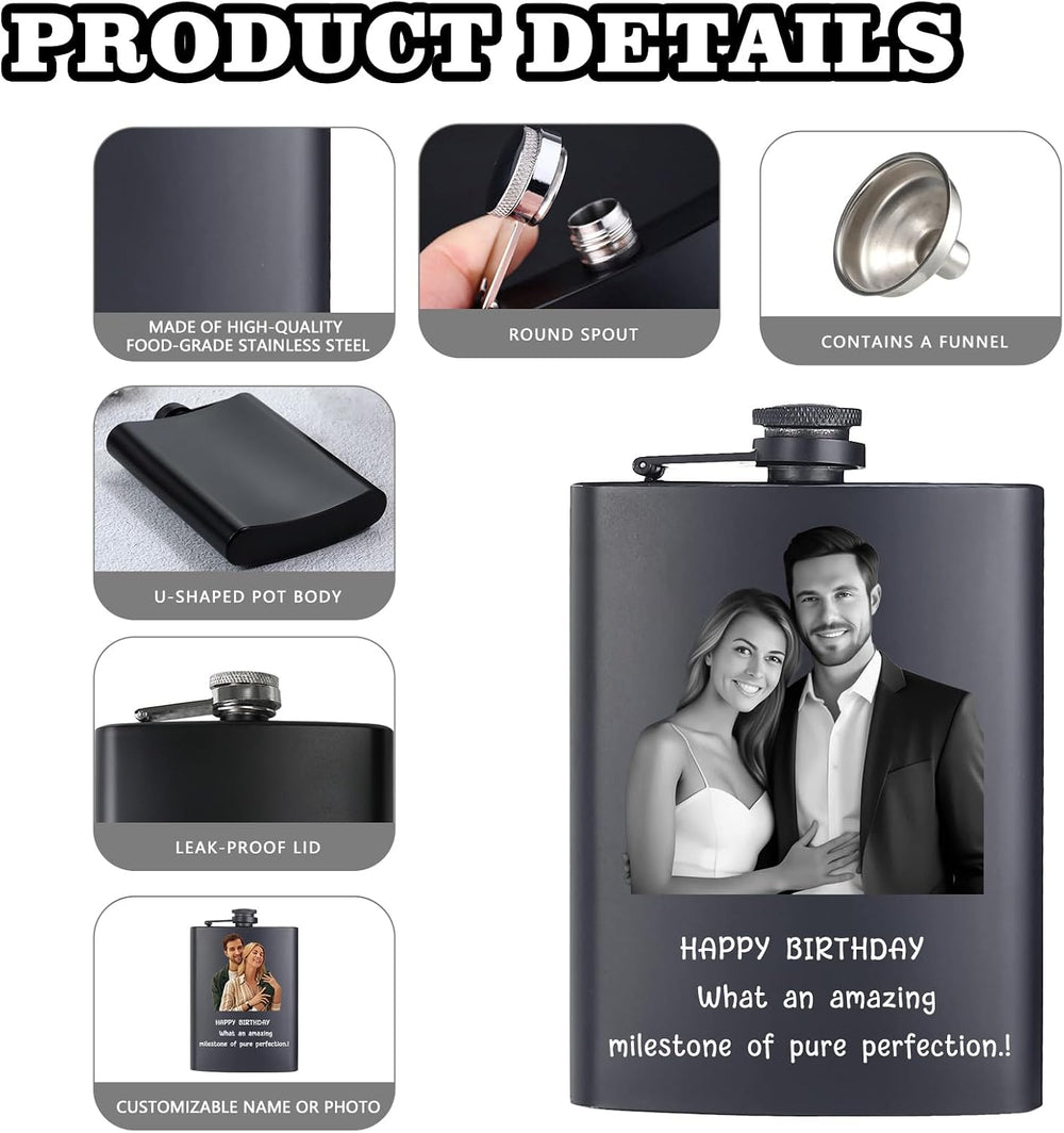 Custom Flask for Men Personalized Engraved 8 Oz Hip Flasks With Photo Text Customized Liquor Flask Gifts for Grandpa Men Him Dad Husband Fathers Day Christmas Groomsman (Custom Photos)