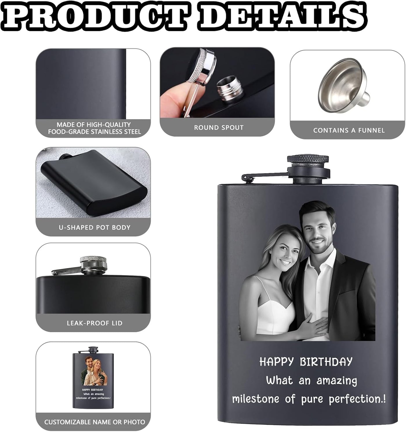 Custom Flask for Men Personalized Engraved 8 Oz Hip Flasks With Photo Text Customized Liquor Flask Gifts for Grandpa Men Him Dad Husband Fathers Day Christmas Groomsman (Custom Photos)