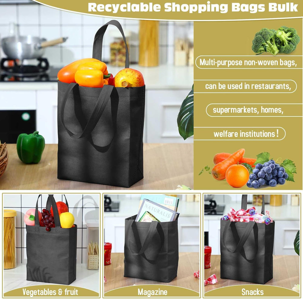 Windyun 50 Pcs Reusable Tote Bag Bulk 8 x 4 x 10 Inch Non Woven Shopping Bag with Handle Reusable Portable Grocery Gift Tote (Black)