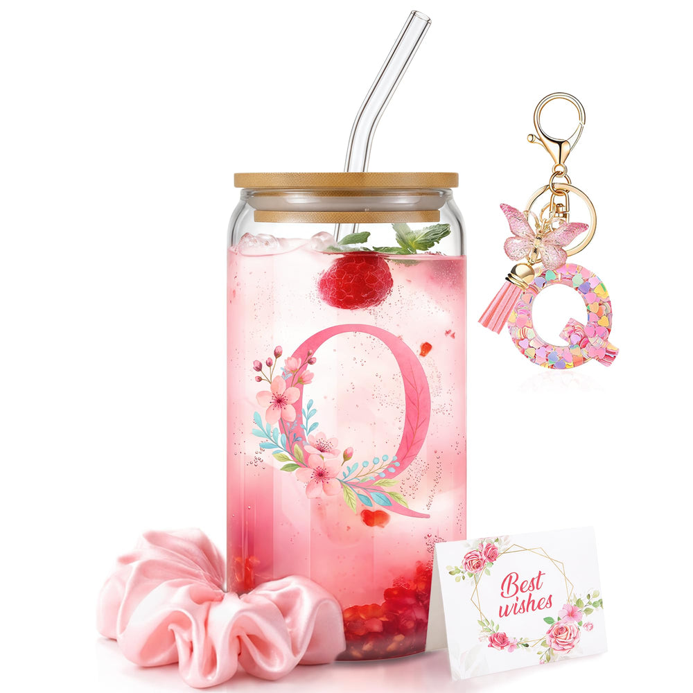 Personalized Initial Glass Cup Gift Set for Women, Custom Monogram Cup with Lid and Straw, Matching Keychain & Card, Bridesmaid or Birthday Gift for Women Friend Sister (Letter S)