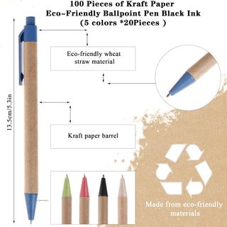 100 Pcs Eco Friendly Pens Recycled Writing Ballpoint Pens Medium Point (1mm) Retractable Rollerball Pens Black Ink Click Pens for Notebook Office School Supplies