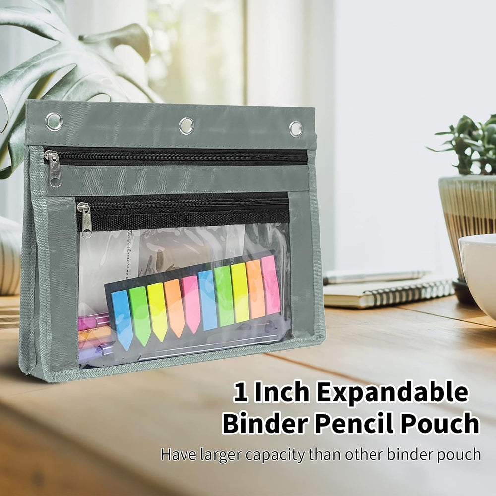 YoeeJob 2 Pack 1 Inch Expandable Zipper Pencil Pouches with Clear Window for 3 Ring Binder, Suitable for School & Office (Grey)