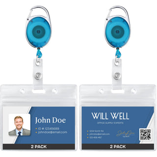 Will Well ID Badge Holders with Clip and Keyring - Vertical Clear Plastic 2.52" x 3.58" Sleeves Fit Up to 3 Cards - Retractable 24" UHMWPE Fiber Pull Cords for Easy Access - 2-Pack, Black Reels
