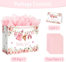 Yusenguan 16.5" Extra Large Baby Gift Bag Set with Tissue Paper and Greeting Card, Pink Floral Design for Girl Baby Shower, Kids Birthday Party and Newborn Gifts