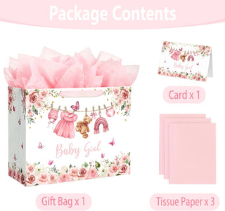 Yusenguan 16.5" Extra Large Baby Gift Bag Set with Tissue Paper and Greeting Card, Pink Floral Design for Girl Baby Shower, Kids Birthday Party and Newborn Gifts