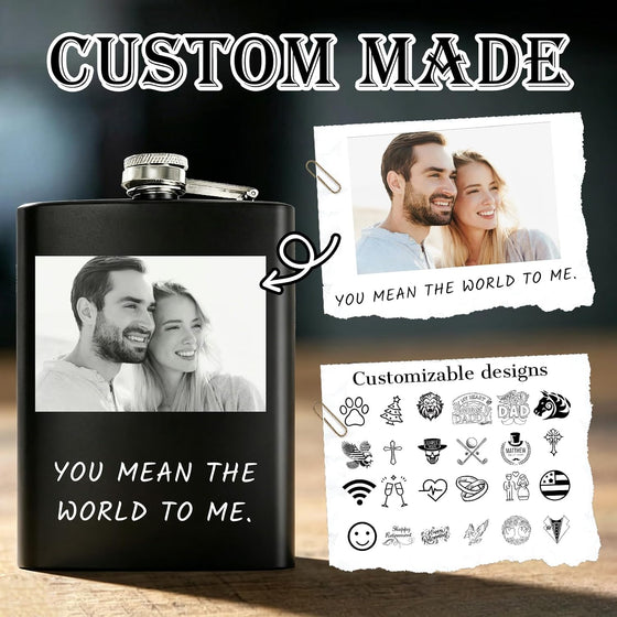 Personalized Custom Flask for Men, 8oz Engraved Stainless Steel Hip Flask with Photo & Text, Customized Liquor Flask for Dad, Husband, Groomsmen (custom flask 2) - hover image