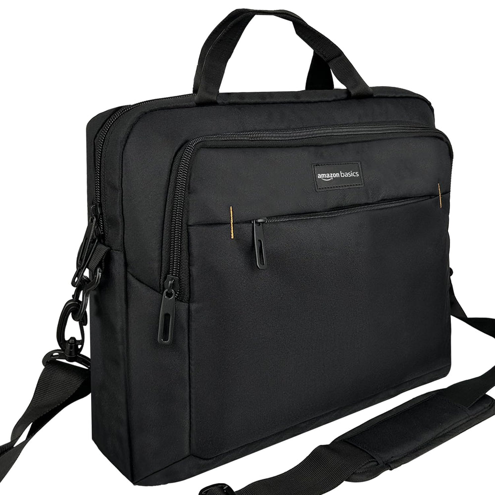 Amazon Basics 15.6 in Laptop Bag with Shoulder Strap and Handle, Large Capacity, Spacious Compartments, Black