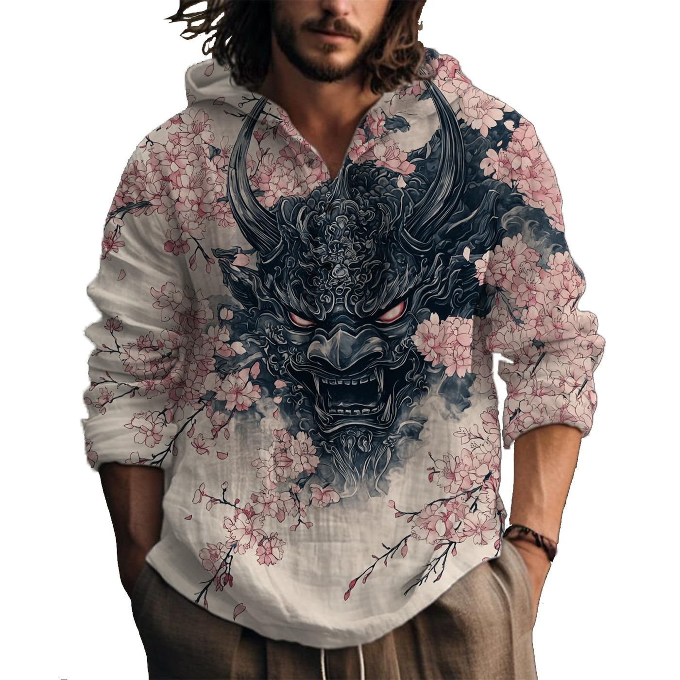MARSVOVO Hooded Long Sleeve Shirt Men Fashion Graphic Button Up Lightweight Big and Tall Casual Vacation Shirts for Men