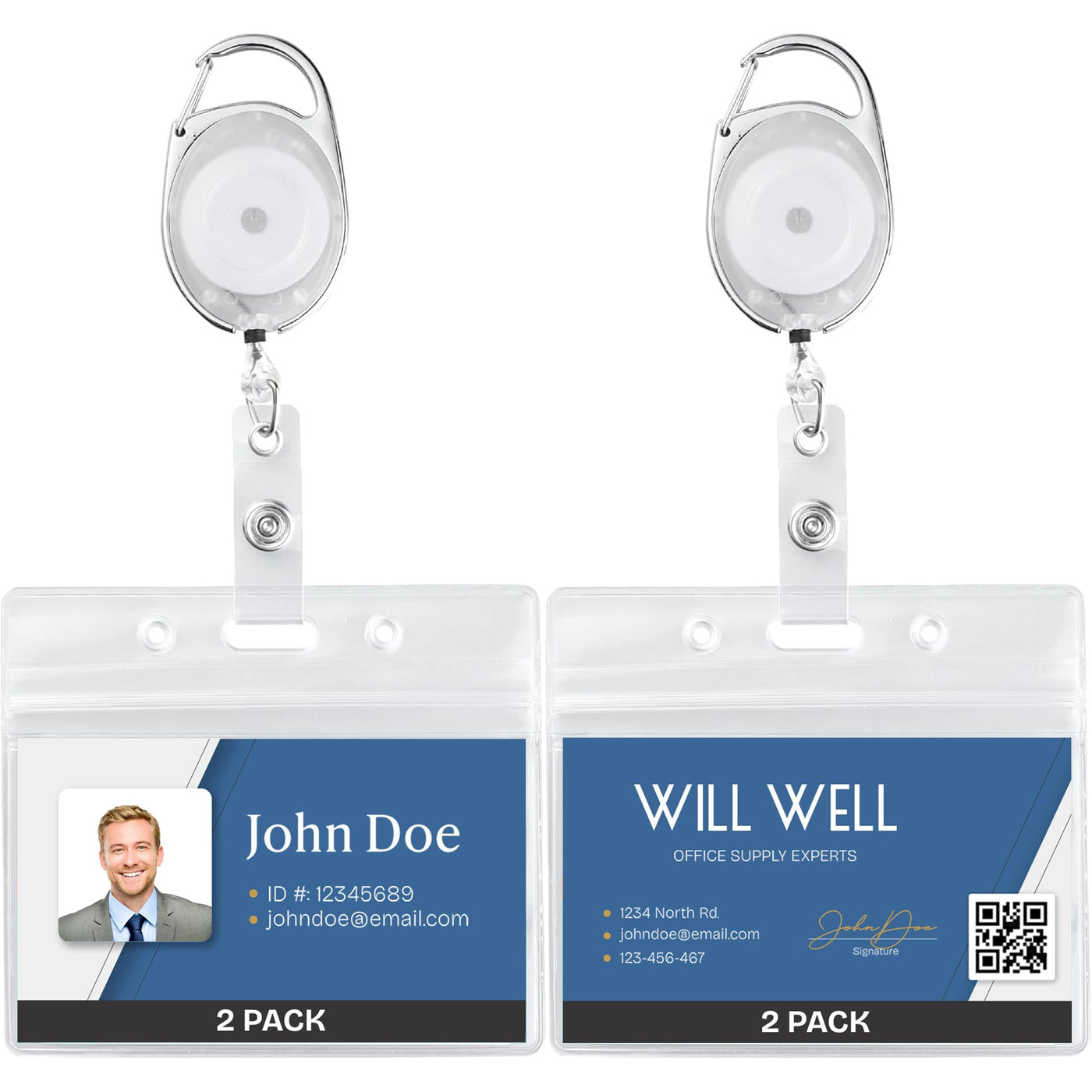 Will Well ID Badge Holders with Clip and Keyring - Vertical Clear Plastic 2.52" x 3.58" Sleeves Fit Up to 3 Cards - Retractable 24" UHMWPE Fiber Pull Cords for Easy Access - 2-Pack, Black Reels
