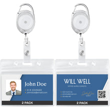 Will Well ID Badge Holders with Clip and Keyring - Vertical Clear Plastic 2.52" x 3.58" Sleeves Fit Up to 3 Cards - Retractable 24" UHMWPE Fiber Pull Cords for Easy Access - 2-Pack, Black Reels