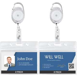 Will Well ID Badge Holders with Clip and Keyring - Vertical Clear Plastic 2.52" x 3.58" Sleeves Fit Up to 3 Cards - Retractable 24" UHMWPE Fiber Pull Cords for Easy Access - 2-Pack, Black Reels