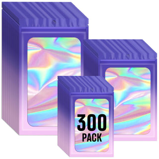 Funfery 300 Pack 3 Size Mylar Holographic Bags with Clear Window,Resealable Bag Smell Proof Bags Zipper Foil Baggie Packaging Pouch for Food Storage,Sample,Small Business(Black,3x4.7,4x6,4.7x7.9in)