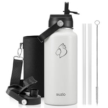BUZIO 40oz Insulated Water Bottle, Triple Wall Vacuum Stainless Steel Water Flask with 2 lids, Lead-Free BPA-Free Straw Lid Sports Canteen Jug, Cold 48H & Hot 24H- Black