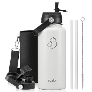 BUZIO 40oz Insulated Water Bottle, Triple Wall Vacuum Stainless Steel Water Flask with 2 lids, Lead-Free BPA-Free Straw Lid Sports Canteen Jug, Cold 48H & Hot 24H- Black