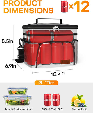 HOTOR Insulated Lunch Box for Men & Women - Leak-Proof Cooler Lunch Bag with 4 Pockets, Adjustable Strap, Ideal for Work, Picnic, Travel - Medium, Black, 10.2"×6.9"×8.5"