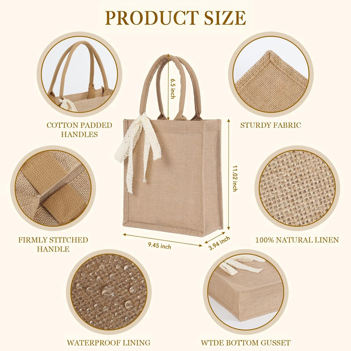 Small 6pcs Burlap Tote Bag Set with Handles, 11*9.45*3.94 Inch Waterproof Reusable Blank Grocery Bags with Ribbon Large Jute Tote for Women Bridesmaid Gift Beach Shopping Wedding Travel DIY