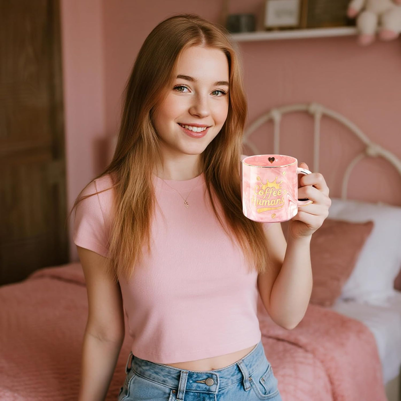 "Coffee＞Human" Ceramic coffee Mug - Funny Novelty Gift for Moms, Friends, Teachers & Coworkers - 13oz Adorable Pink Cup for Birthdays, Holidays & Daily Use - Cute for Women, Teens & Coffee Lovers