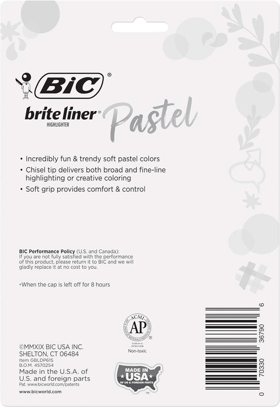 BIC Brite Liner Grip Pastel Highlighter Set, Chisel Tip, 6-Count Pack of Pastel Highlighters in Assorted Colors, Cute Highlighters for Bullet Journaling, Note Taking and More - hover image