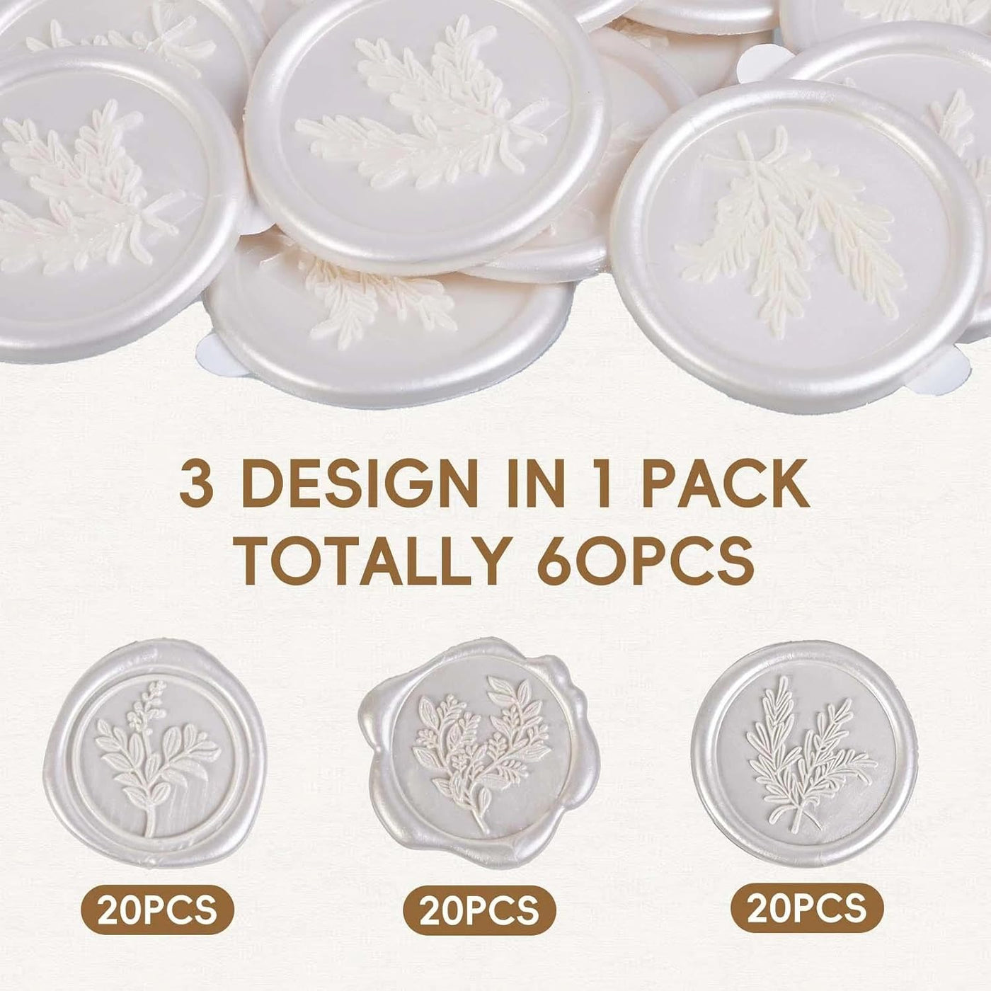 60 Pcs Wax Seal Stickers Set (3 Designs in 1 Pack) - Adhesive Backed Elegant Floral Designs for Wedding Invitation Envelope Seal Stickers Gift Wrapping (Pearl White)