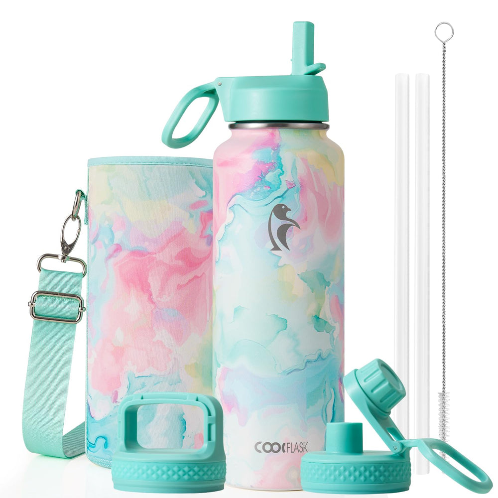 Water Bottle 40 oz Insulated with Straw&Brush, Coolflask Vaccum Stainless Steel Metal 3 Lids Water Flask for Sports, Gym or Office, Keep Cold 48H Hot 24H, Magic Black