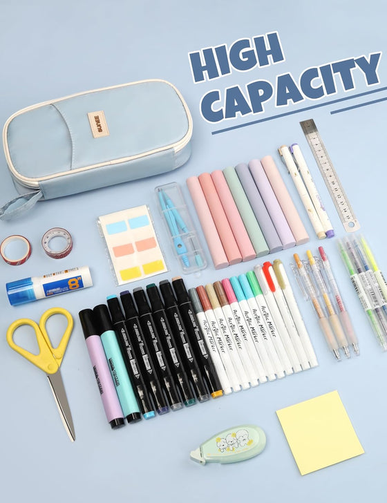 SUNEE Cute Pencil Case, Aesthetic Pen Pouch, Colored Large Pencil Bag with Zipper, Kawaii Stationery Storage and Organizer, School Supplies for Teen and Adult Girls, Blue - hover image