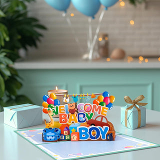 Welcome Baby Boy Pop Up 3D Greeting Cards with Blank Note & Envelope, ideal celebration gift for Baby Shower, Love, Anniversary, Special Moments, Inspirational, Birthday, Holiday, Party