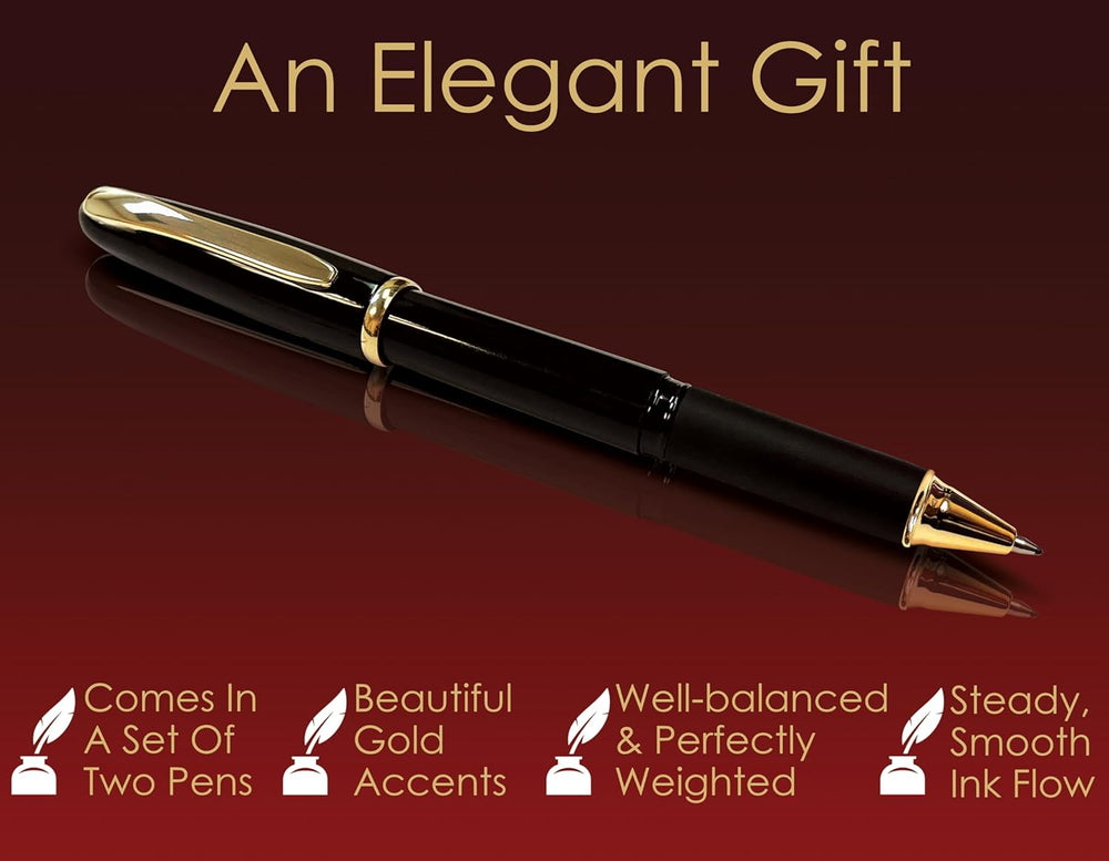 Better Office Products Executive Black Gel Pen, 2 Pack, Classic Business Pen with Removable Cap, Black 0.7mm Medium Point, Gold Accents, Individually Packed in Clear Acrylic Cases