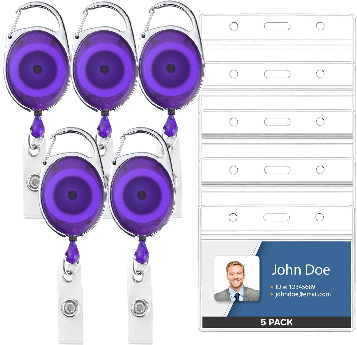 Will Well ID Badge Holders with Clip and Keyring - Vertical Clear Plastic 2.52" x 3.58" Sleeves Fit Up to 3 Cards - Retractable 24" UHMWPE Fiber Pull Cords for Easy Access - 2-Pack, Black Reels