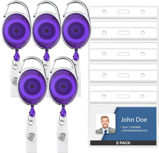 Will Well ID Badge Holders with Clip and Keyring - Vertical Clear Plastic 2.52" x 3.58" Sleeves Fit Up to 3 Cards - Retractable 24" UHMWPE Fiber Pull Cords for Easy Access - 2-Pack, Black Reels