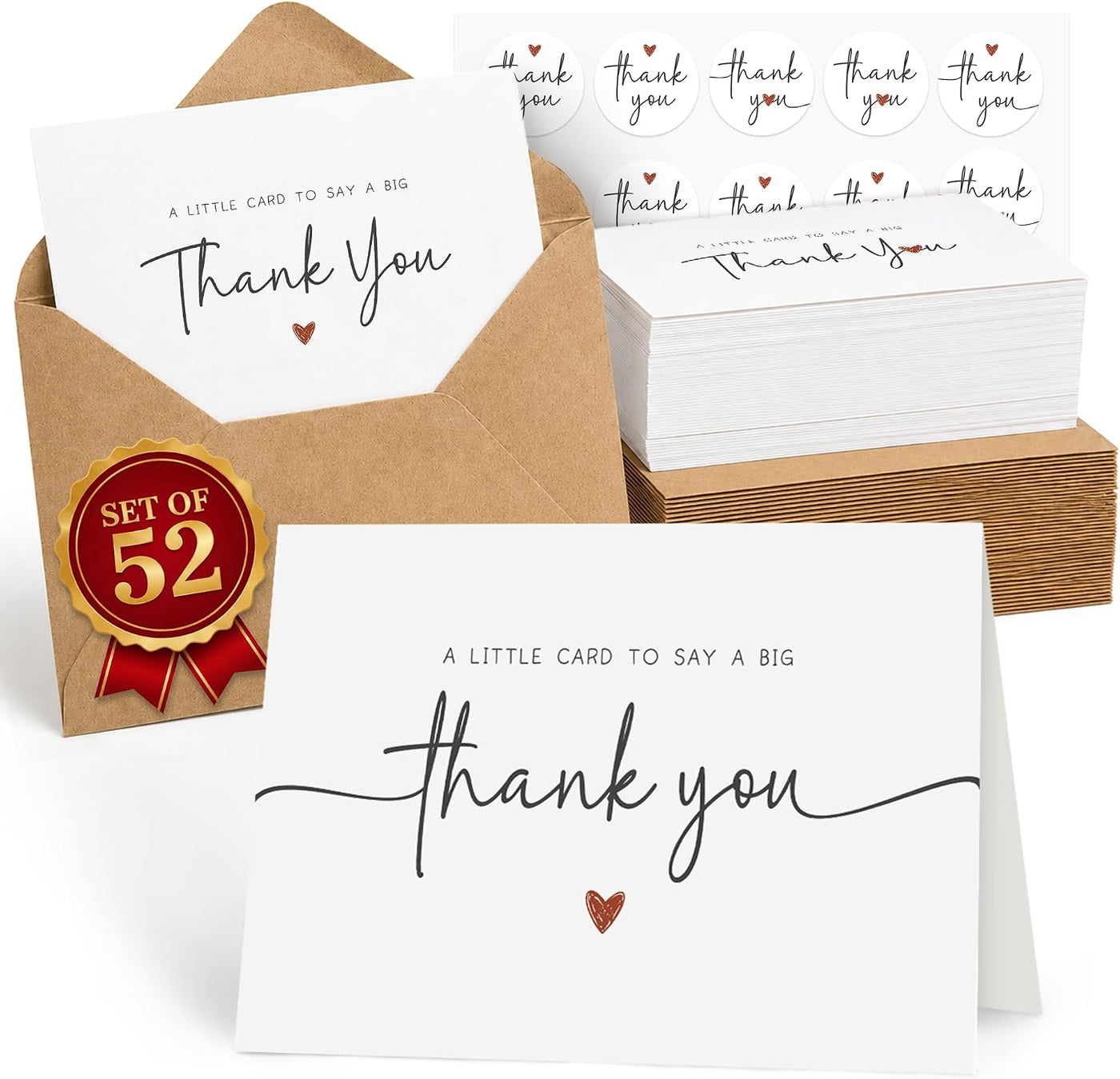 UnimaxPrint 52 Thank You Cards with Envelopes & Stickers (4 Designs), Minimalist 3x5” Thank You Notes for Teacher Appreciation, Weddings, Baby Showers & Small Business