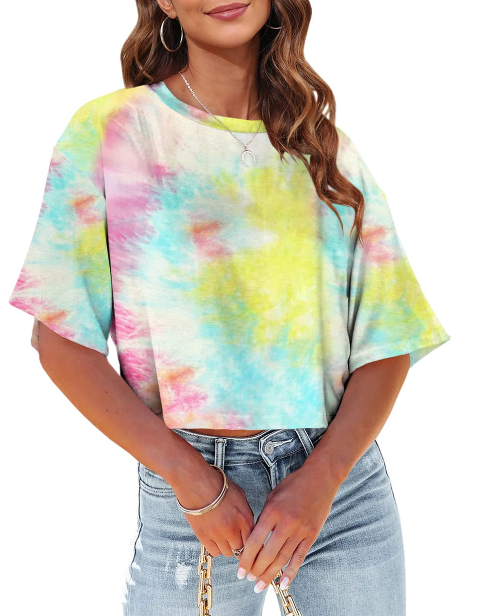 Tankaneo Women Half Sleeve Cropped T-Shirts Drop Shoulder Round Neck Crop Tops Casual Summer Solid Color Basic Tees