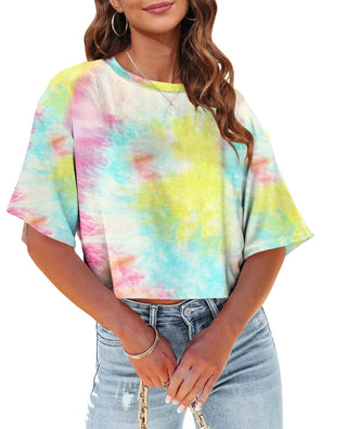 Tankaneo Women Half Sleeve Cropped T-Shirts Drop Shoulder Round Neck Crop Tops Casual Summer Solid Color Basic Tees