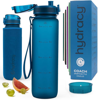 Hydracy Water Bottle with Time Marker -Large BPA Free Water Bottle & No Sweat Sleeve -Leak Proof Gym Bottle with Times to Drink - Ideal for Fitness Sports & Outdoors