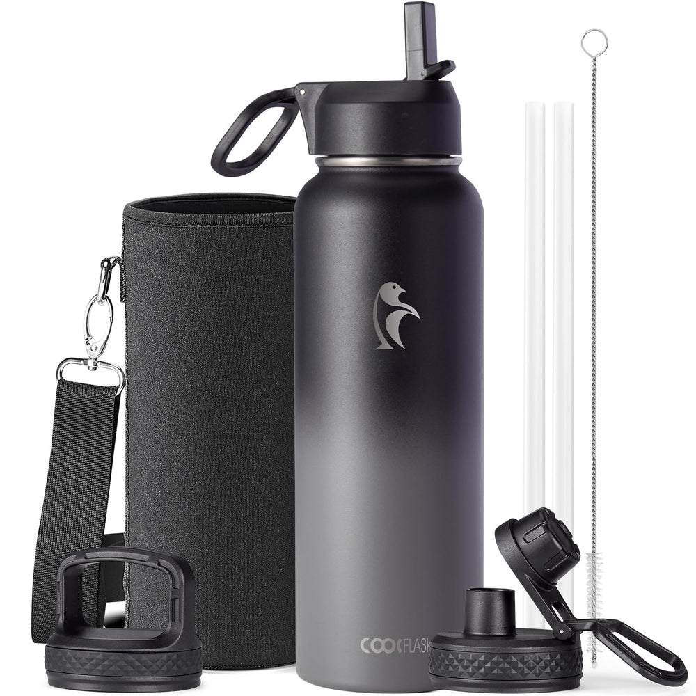 Water Bottle 40 oz Insulated with Straw&Brush, Coolflask Vaccum Stainless Steel Metal 3 Lids Water Flask for Sports, Gym or Office, Keep Cold 48H Hot 24H, Magic Black